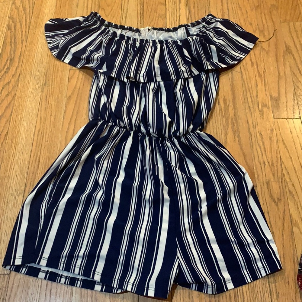 Blue and White striped Off the Shoulder Romper